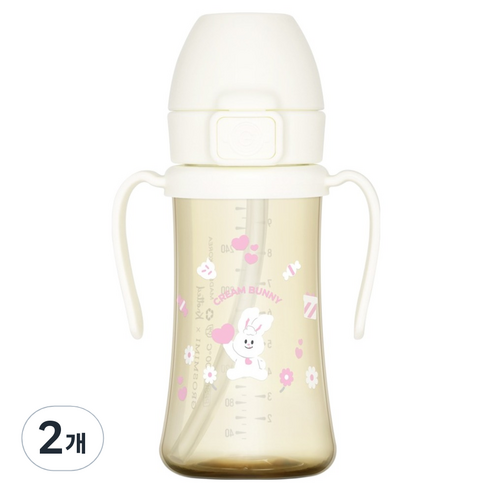 그로미미 유아용 노티드 PPSU 크림버니 스틸프리 빨대컵 1단계 300ml, 2개, 밀크
