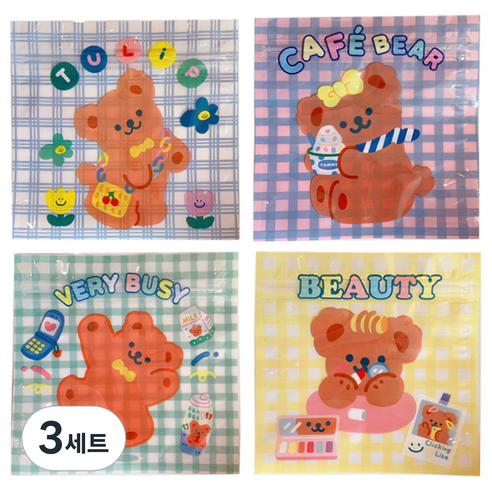 미미파티 귀여운 곰돌이 다용도 지퍼백 포장 봉투세트 40p, 귀여운 체크 믹스, 3세트