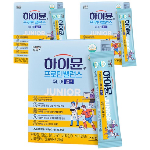 일동후디스 하이뮨 프로틴밸런스 주니어 스틱 밀크 오리지널 15p, 315g, 3개