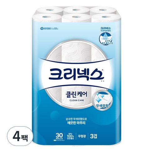 크리넥스 클린케어 3겹 천연펄프 고급롤화장지, 25m, 30개입, 4개