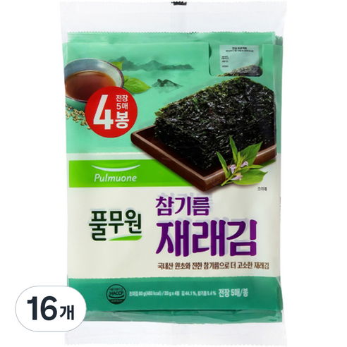 풀무원 참기름 재래김 전장 5매입, 20g, 16개