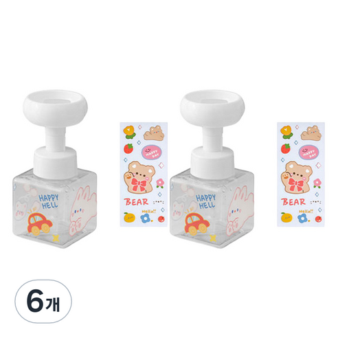 더자카 플라워 거품 핸드워시 디스펜서 250ml + 스티커, 투명(디스펜서), 랜덤발송(스티커), 6개