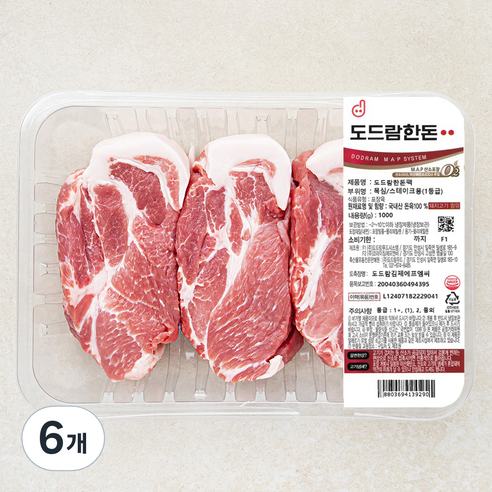 도드람 한돈 1등급 목심 스테이크용 (냉장), 1kg, 6개
