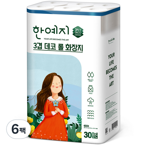 한예지 3겹데코 천연펄프 롤화장지 27m, 30롤, 6개