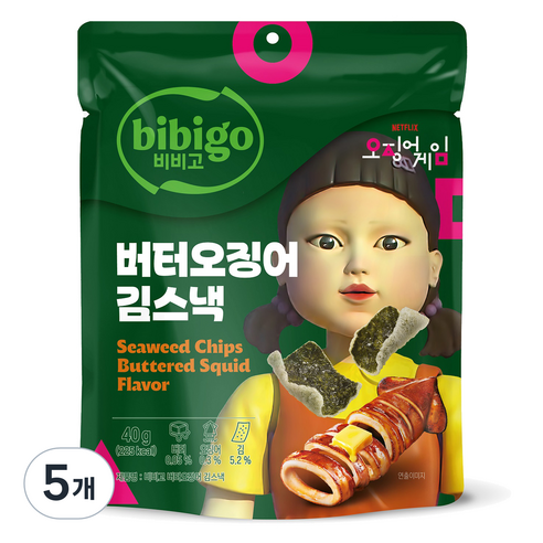 비비고 버터오징어 김스낵, 5개, 40g