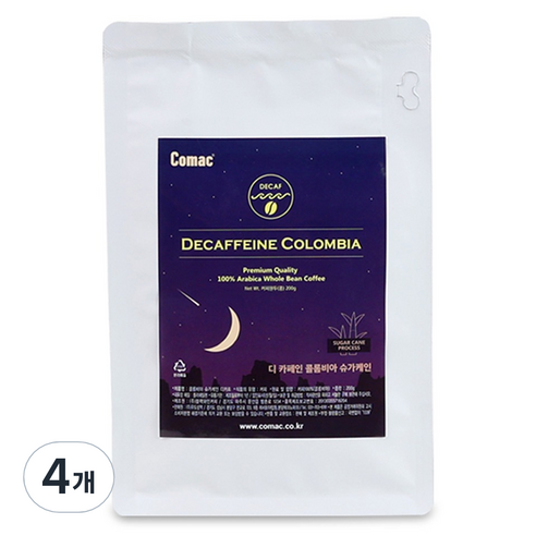 코맥 디카페인 콜롬비아 슈가케인 원두커피 C8, 200g, 4개, 홀빈(분쇄안함)