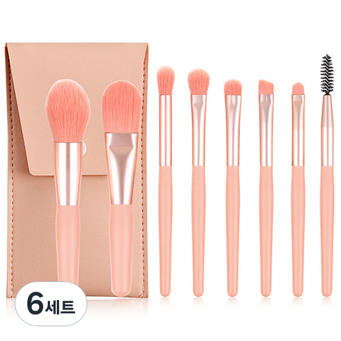 심플라인 휴대용 미니 메이크업 브러쉬 8종 파우치 세트, 핑크, 6세트