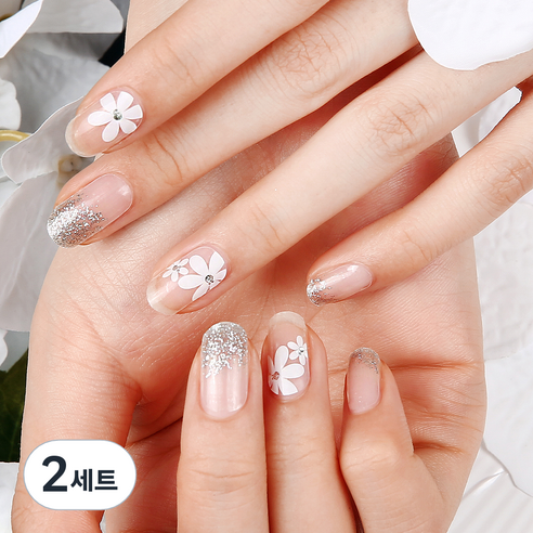 믹스매치 젤네일 스티커 세트, 풀 페탈 화이트 23466, 2세트