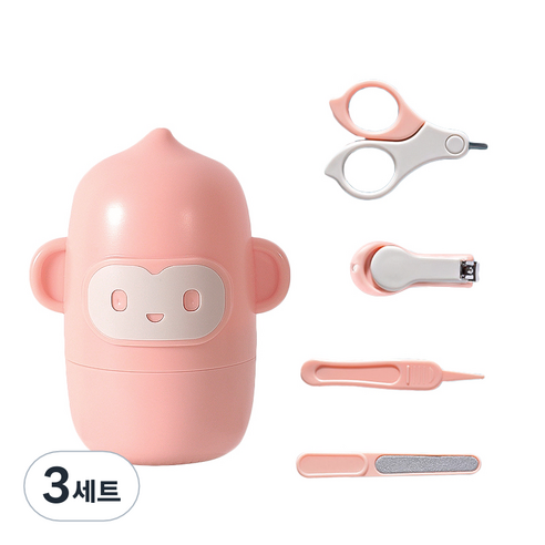 라이프투비 유아용 동물 캐릭터 손톱깎이 세트, 원숭이 핑크, 3세트