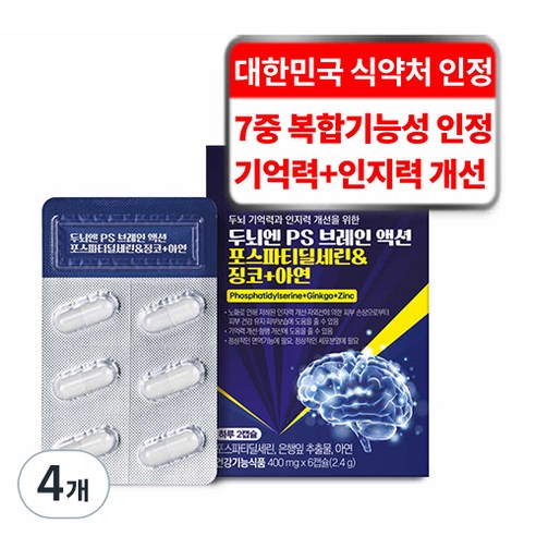 케어란스 두뇌엔 PS 브레인 액션 포스파티딜세린 징코 아연 영양제 2.4g, 4개, 6정