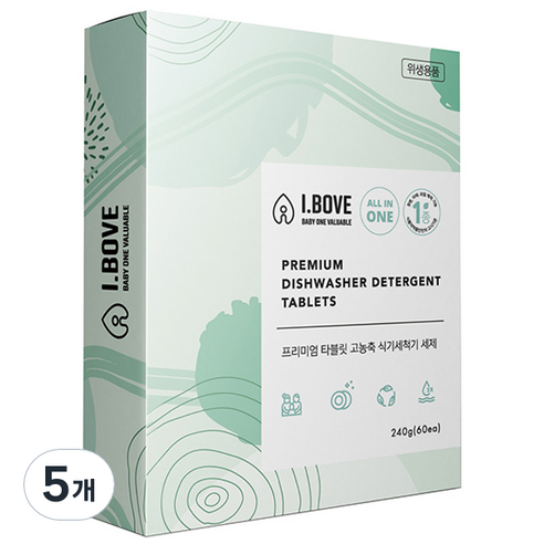 아이보브 유아용 프리미엄 타블릿 고체 식기세척기 세제 60정, 240g, 5개