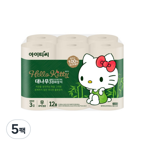 헬로키티 대나무 3겹 화장지 30m, 12롤, 5팩