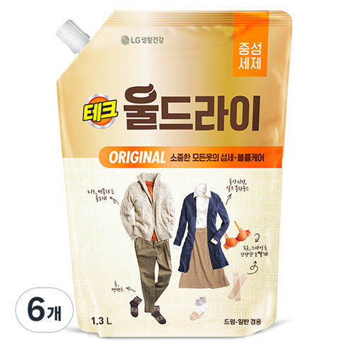 테크 울드라이 중성세제 오리지널 리필, 1.3L, 6개
