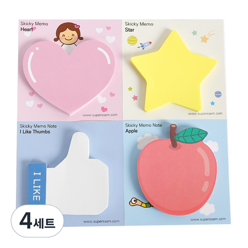 슈퍼쌤 모양 4종 점착메모지, 핑크하트 + 형광별 + 좋아요엄지척 + 사과, 4세트