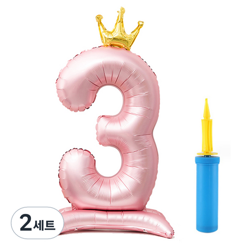 올리브파티 초대형 스탠딩 왕관 숫자 생일풍선 + 손펌프 세트, 핑크(숫자3), 2세트