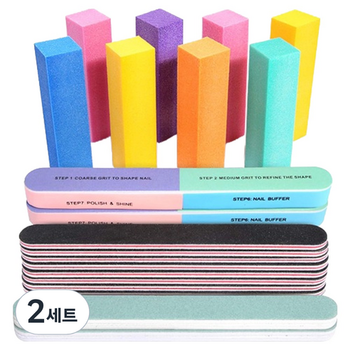 OON 우드 파일 샌딩 버퍼 블록 8p x 랜덤발송 + 블랙 네일 파일 8p + 연두색 쿠션보드 2p + 7면 버퍼 2p 세트, 2세트