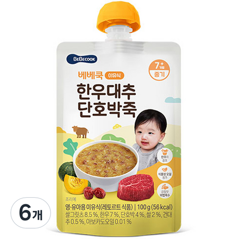 베베쿡 중기 한우 대추 단호박죽 실온 이유식, 한우 + 대추 + 단호박 혼합맛, 100g, 6개