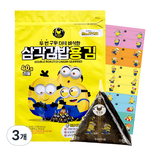 만전김 미니언즈 두번 구운 삼각김밥용 김 리필용 40매입, 48g, 3개
