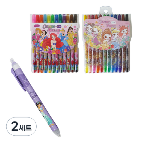 디즈니프린세스 12색 색연필 + 사인펜 + 지워지는 펜 랜덤발송, 혼합색상, 2세트