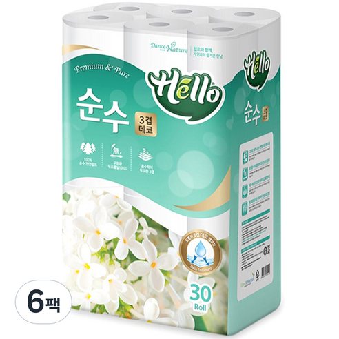 헬로 순수 3겹 도톰한 고급롤화장지 30m, 30롤, 6팩
