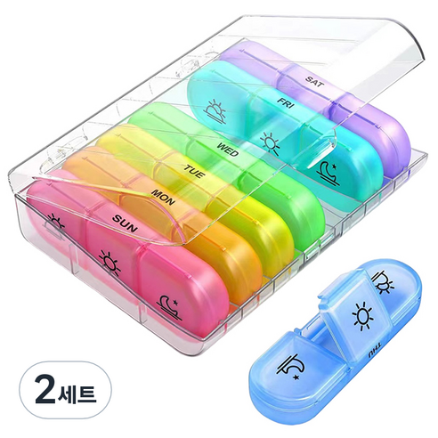 네스팅홈 요일별 21칸 약통 끼니별 알약 케이스 투명 7색, 2세트