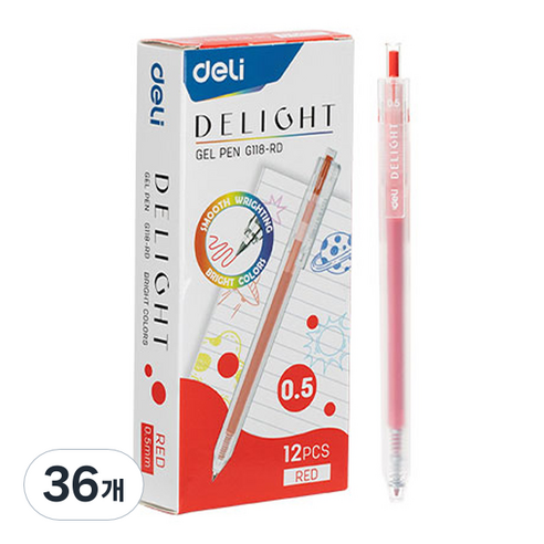 델리 델라이트 퀵드라이 노크식 젤잉크펜 0.5mm EQ118, 레드, 36개