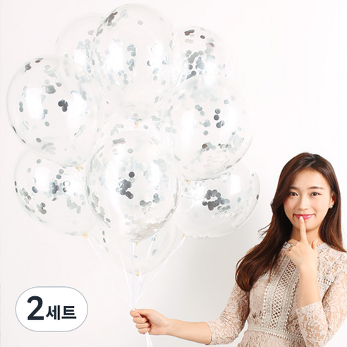 파티해 메탈릭 컨페티풍선 20p + 손펌프 랜덤발송 +컬링리본 + 스펀지닷 세트, 실버, 2세트