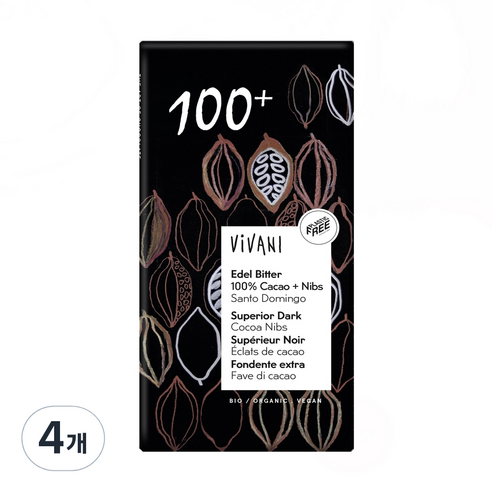 비바니 유기농 다크 100% 초콜릿, 80g, 4개