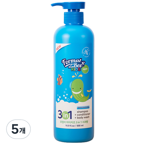 포멀비키즈 유아용 3in1 올인원 샴푸 + 컨디셔너 + 바디워시 사과향, 500ml, 5개