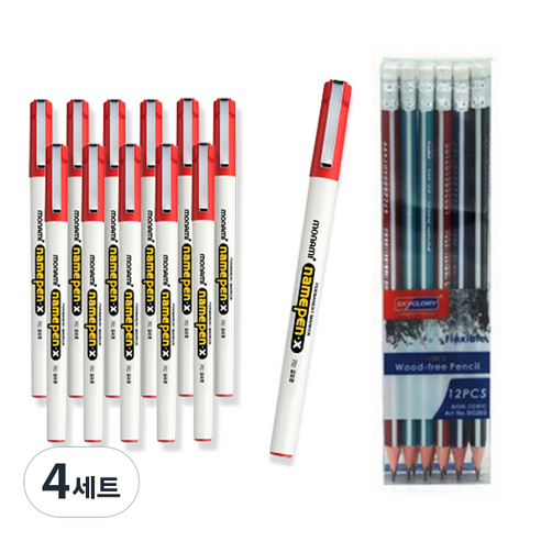 모나미 NEW 가는글씨용 네임펜X 12p +스카이글로리 삼각지우개 연필 12p 세트, 적색, 4세트