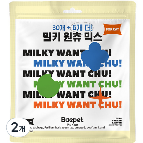 베이펫 짜먹는 고양이 간식 산양유 밀키 원츄 믹스 36p, 혼합맛(닭고기/참치/연어), 504g, 2개