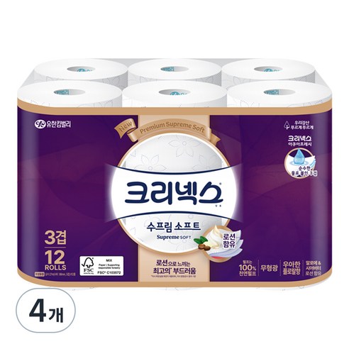 크리넥스 수프림 소프트 천연펄프 3겹 고급롤화장지, 27m, 12롤, 4개