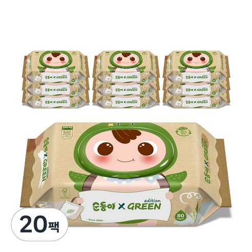 순둥이 그린 에디션 유아물티슈 캡형 55평량, 80매, 20팩