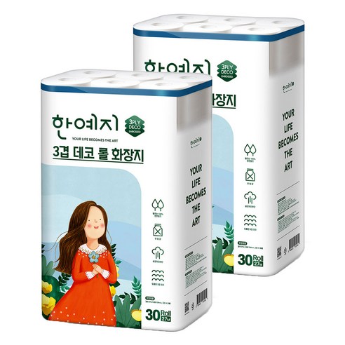 한예지 3겹데코 천연펄프 롤화장지 27m, 30롤, 2팩