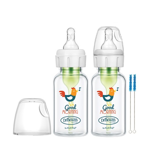 닥터브라운 옵션스 플러스 내로우넥 1단계 유리젖병 루스터 데코 트윈팩, 혼합색상, 120ml, 2개
