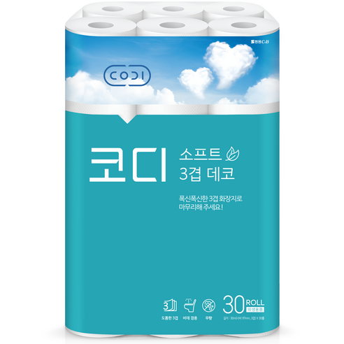코디 3겹 소프트 데코 화장지 30m, 30롤, 1팩