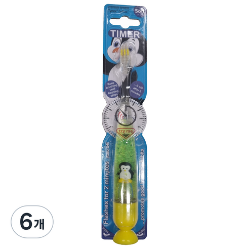 비브라이트 캐릭터 LED 타이머 동물친구 어린이 칫솔, 펭귄(옐로우), 1개입, 6개