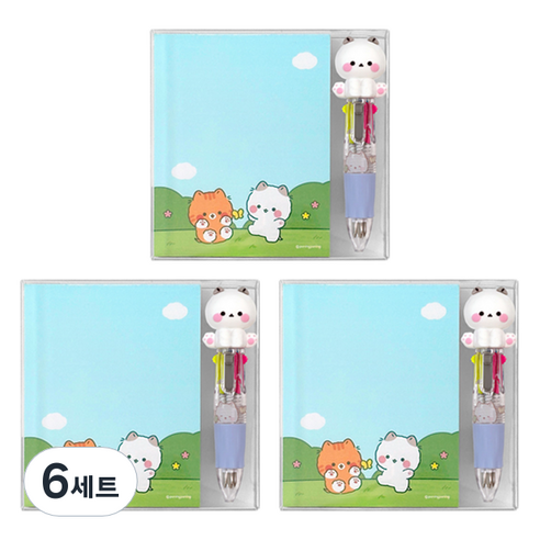 우옹이 메모지 + 4색펜 세트, 블루, 6세트