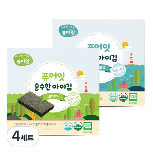 퓨어잇 순수한 아이김 김 100% + 김 & 천일염, 15g, 4세트