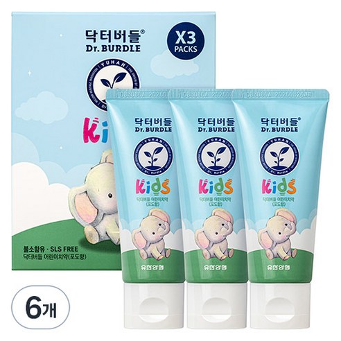 유한양행 닥터버들 어린이 치약 포도향, 180g, 6개