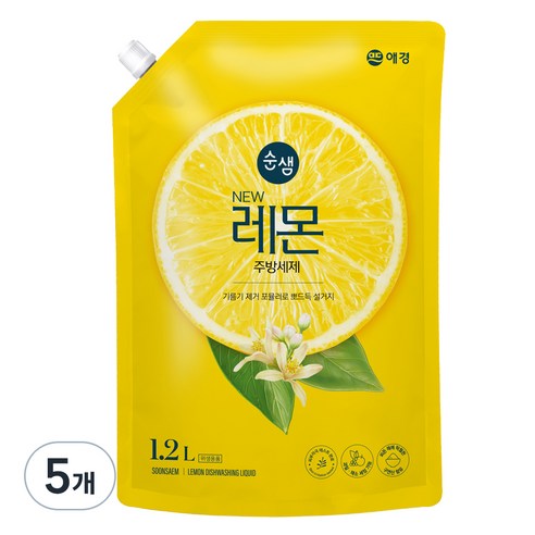 순샘 레몬 주방세제 리필, 1.2L, 5개