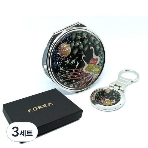 더누리코리아 전통 자개 손거울 대 + 열쇠고리, 공작새, 3세트