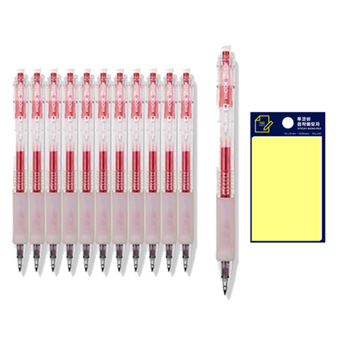 동아 Q노크 무지 펜 0.4mm 12p + 투코비 스티키 메모패드 노랑 세트, 빨강, 1세트