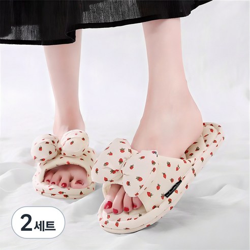 오브메종 3중 쿠션 딸기 리본 면 슬리퍼, 화이트, 2세트