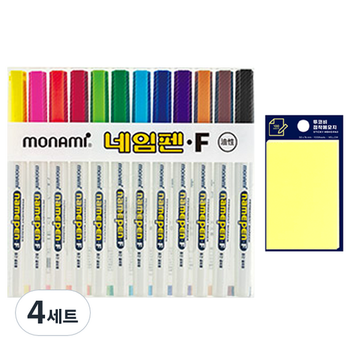 모나미 네임펜 12색 + 투코비 스티키 점착 메모지 노랑 50 x 76 mm, 혼합색상, 4세트