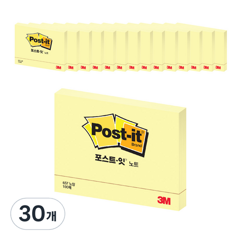 쓰리엠 포스트잇 노트 657 102 x 76mm, 노랑, 1개, 30개