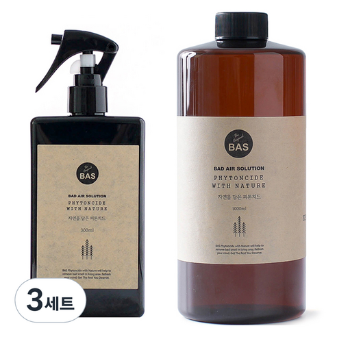 BAS 자연을 담은 피톤치드 원액 탈취제 스프레이 본품 300ml + 리필 1L 세트, 3세트