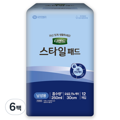 디펜드 스타일 남성용 패드, FREE(250ml), 12개입, 6개