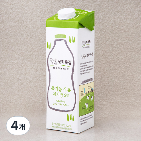 상하목장 유기농 인증 우유 저지방, 900ml, 4개