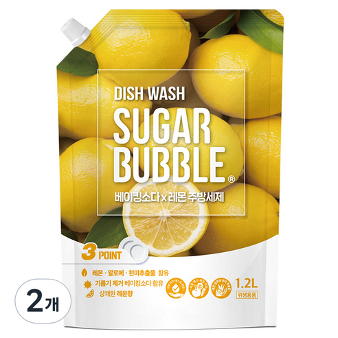 슈가버블 베이킹소다 레몬 주방세제, 1.2L, 2개